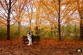 Bride and groom sitting together on a lone bench under a glowing canopy of autumn trees at Parc Nature l'Ile de la Visitation in Montreal, QC, Canada.